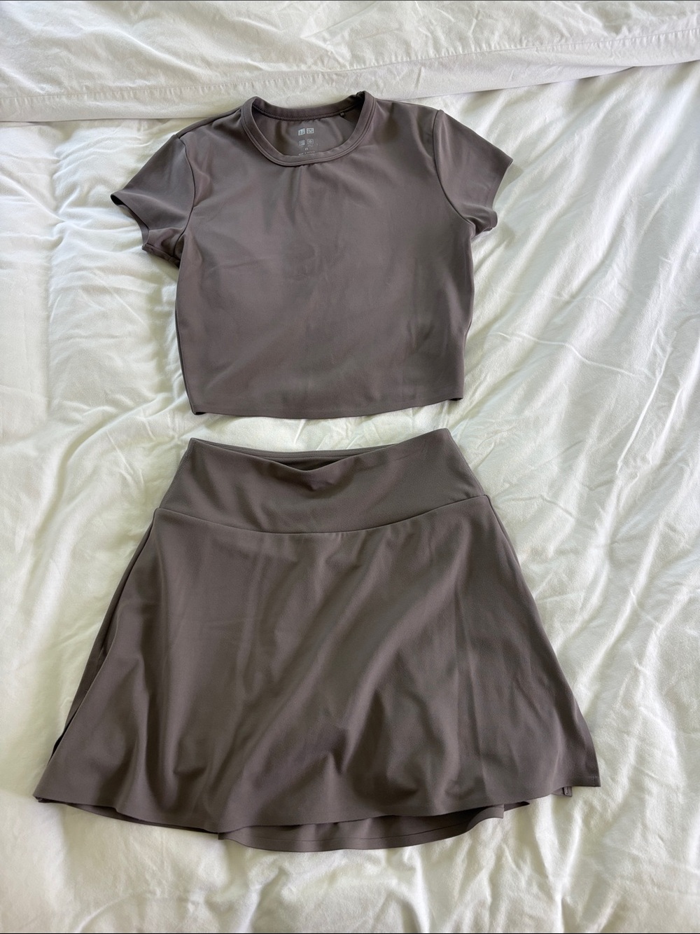Uniqlo Taupe Active Skirt Set - Short Sleeve Crop Top & Skater Skirt